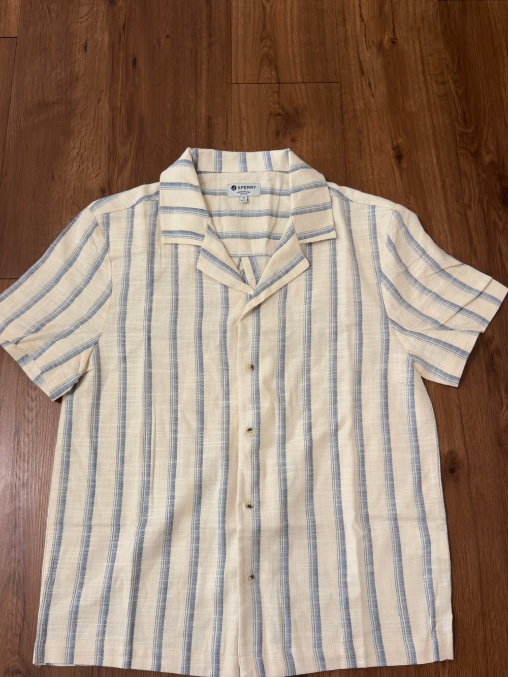 Sperry Cream and Blue Vertical Stripe Camp Shirt